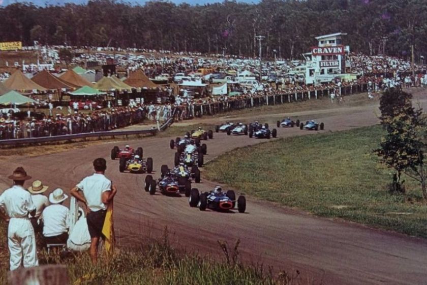 Historic Lakeside Park motorsport event with spectators gathered around the circuit