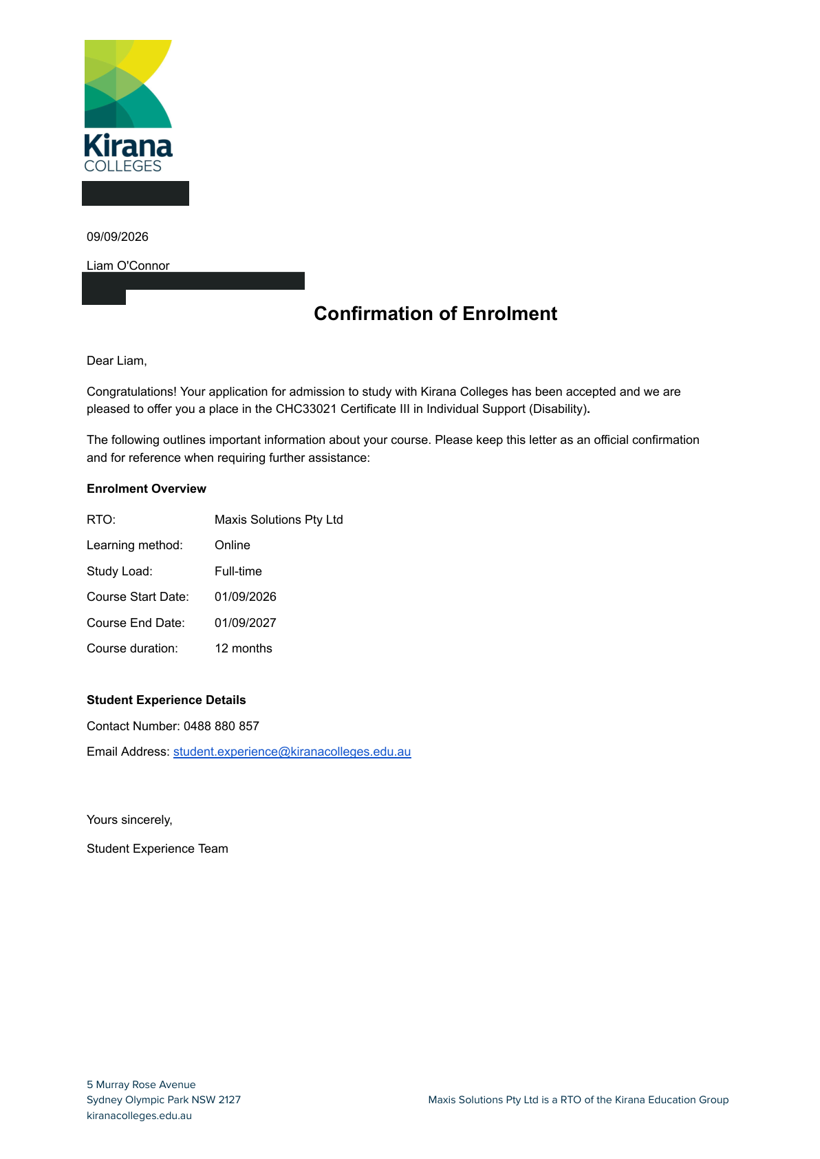 Redacted Kirana Colleges confirmation of enrolment, with residential address and student number removed