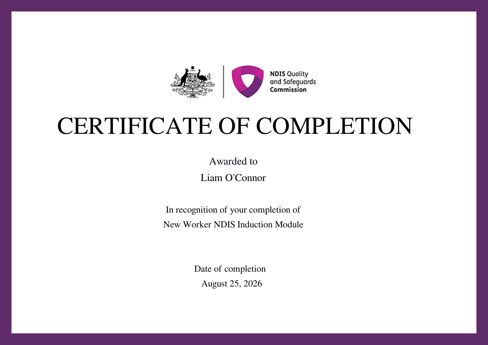 New Worker NDIS Induction Module certificate