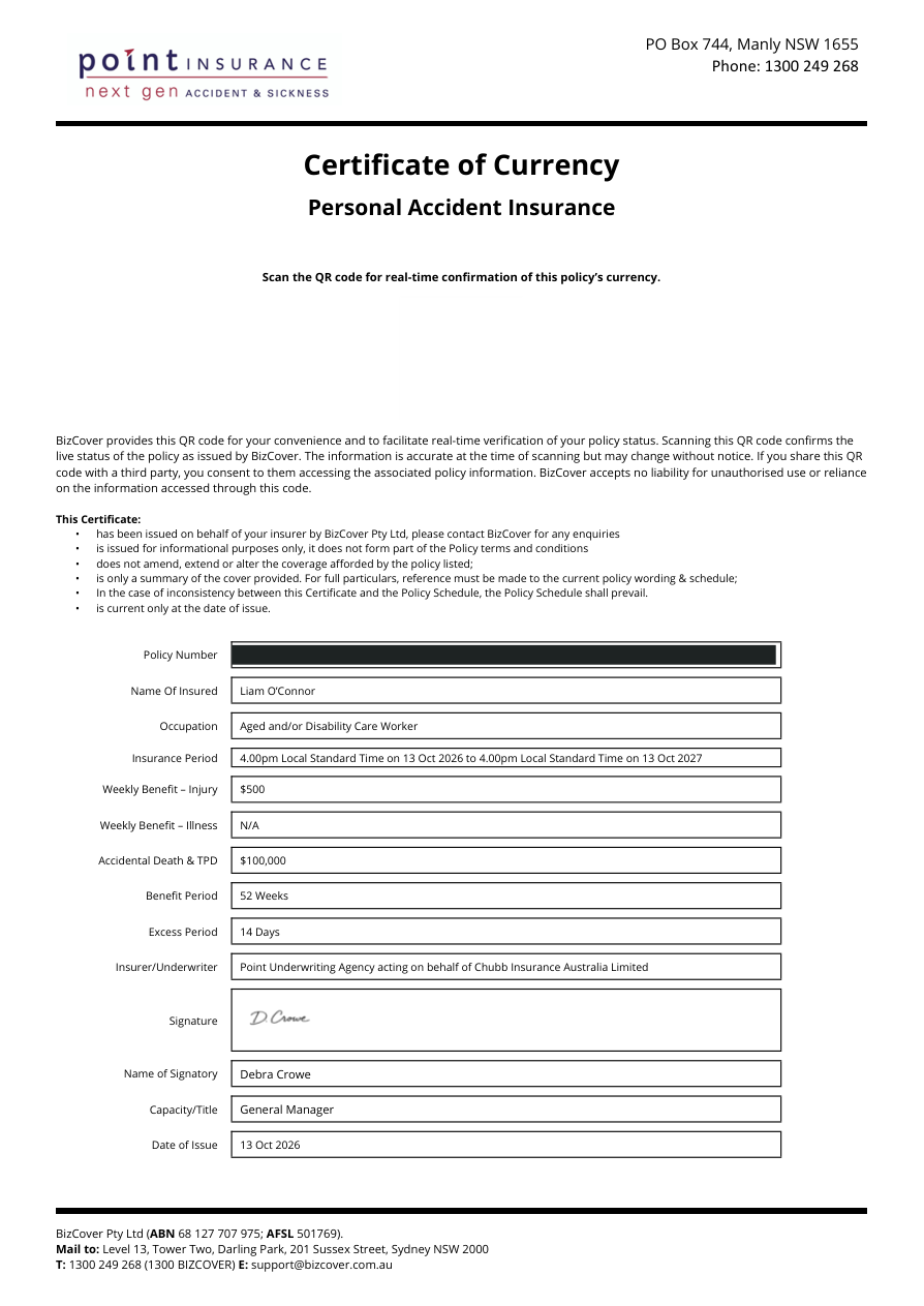 Personal accident certificate of currency, with policy identifiers and policy-access QR code removed