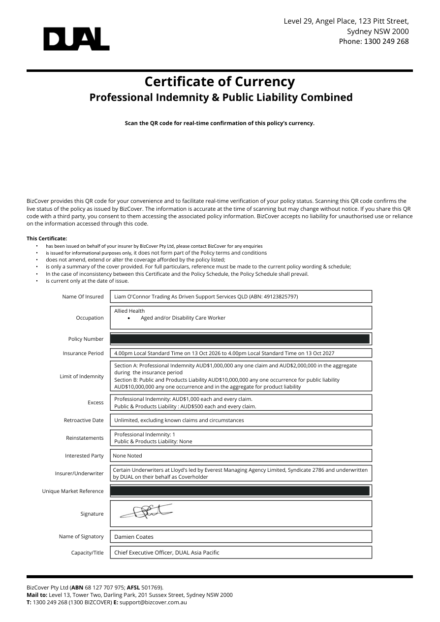 Professional indemnity & public liability certificate of currency, with policy identifiers and policy-access QR code removed