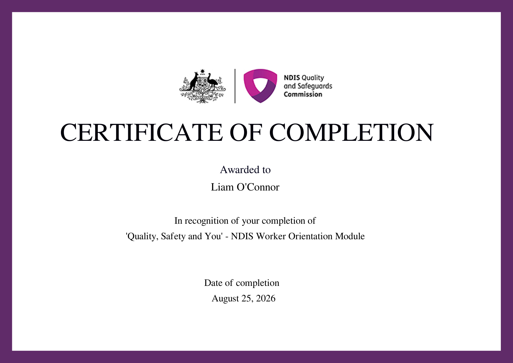 NDIS Worker Orientation Module certificate